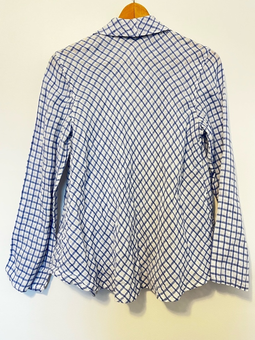 FLAX Linen Open Front Draped Cardigan Jacket Blue White Check Gauze Crop Petite - Picture 7 of 10